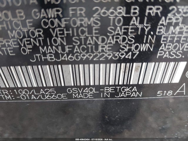 Aukcja sprzedaży 2009 Lexus Es 350, vin: JTHBJ46G992293947, numer aukcji: 45642454