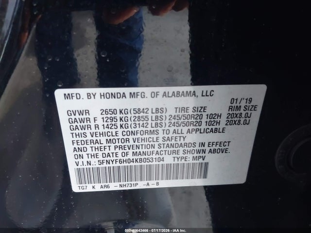 Honda Pilot Elite 2019 5FNYF6H04KB053104 Image 9