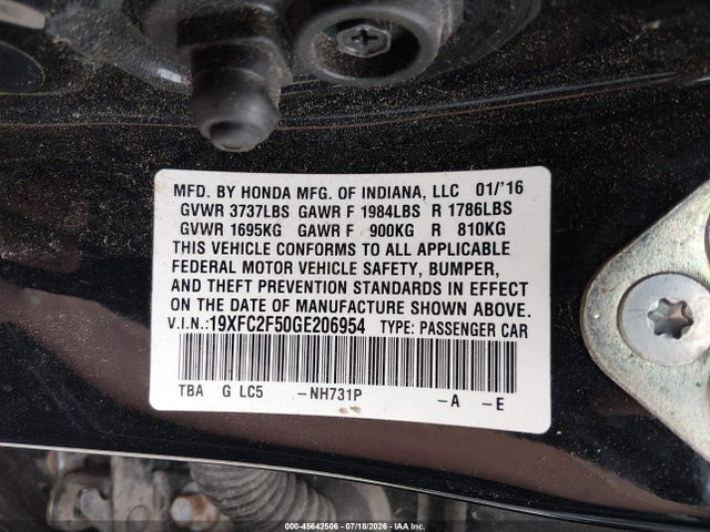 2016 Honda Civic Lx მანქანა იყიდება აუქციონზე, vin: 19XFC2F50GE206954, აუქციონის ნომერი: 45642506