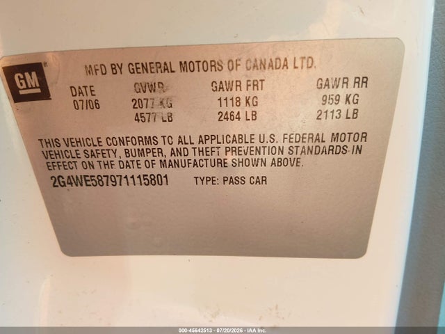 Aukcja sprzedaży 2007 Buick Lacrosse Cxs, vin: 2G4WE587971115801, numer aukcji: 45642513