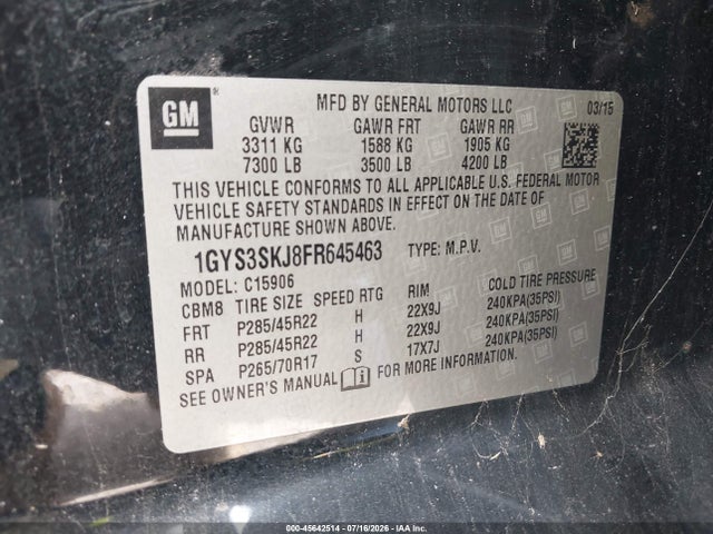 45642514 :رقم المزاد ، 1GYS3SKJ8FR645463 vin ، 2015 Cadillac Escalade Esv Luxury مزاد بيع