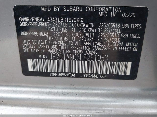 2020 Subaru Crosstrek Limited მანქანა იყიდება აუქციონზე, vin: JF2GTANC5L8251053, აუქციონის ნომერი: 45642515