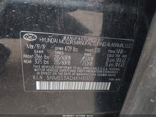 Aukcja sprzedaży 2019 Hyundai Santa Fe Limited, vin: 5NMS53AD6KH103777, numer aukcji: 45642517