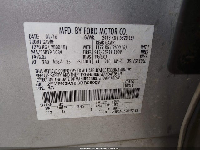 Продажа на аукционе авто 2016 Ford Edge Titanium, vin: 2FMPK3K92GBB05908, номер лота: 45642521