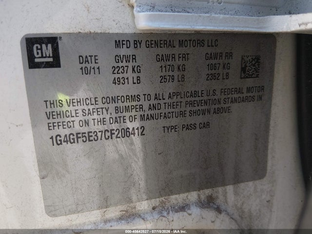 Aukcja sprzedaży 2012 Buick Lacrosse Premium 2 Group, vin: 1G4GF5E37CF206412, numer aukcji: 45642527