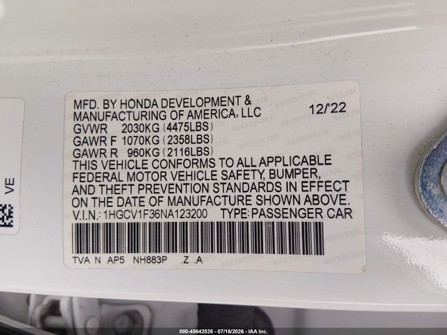 Aukcja sprzedaży 2022 Honda Accord Sport, vin: 1HGCV1F36NA123200, numer aukcji: 45642528