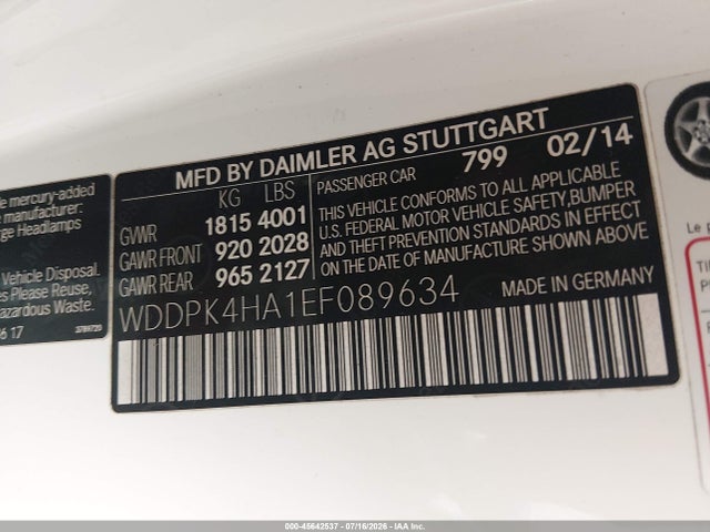 Aukcja sprzedaży 2014 Mercedes-benz Slk 250, vin: WDDPK4HA1EF089634, numer aukcji: 45642537