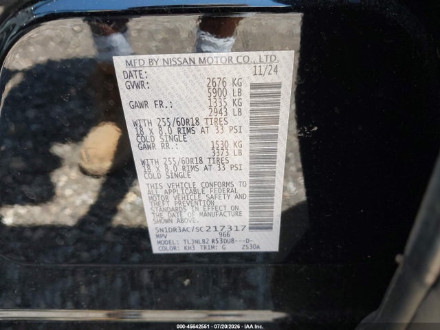 2025 Nissan Pathfinder S 4wd მანქანა იყიდება აუქციონზე, vin: 5N1DR3AC7SC217317, აუქციონის ნომერი: 45642551