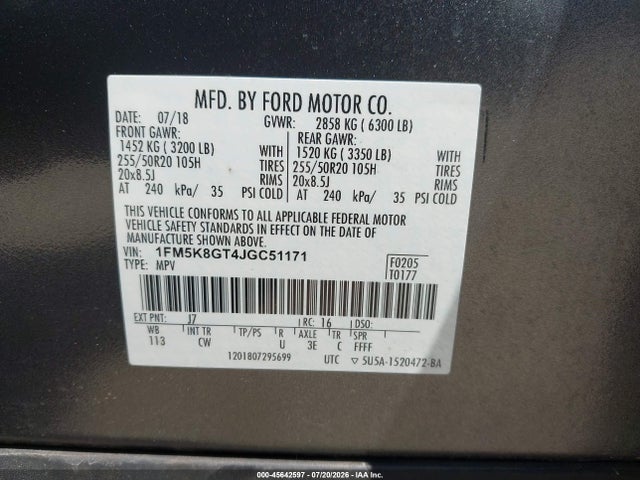 Продажа на аукционе авто 2018 Ford Explorer Sport, vin: 1FM5K8GT4JGC51171, номер лота: 45642597