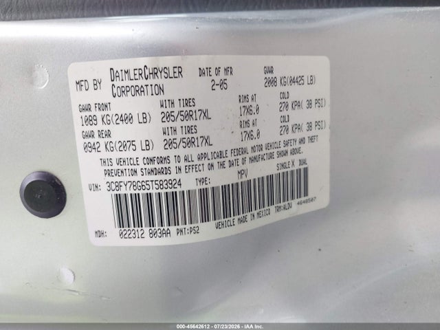 2005 Chrysler Pt Cruiser Gt მანქანა იყიდება აუქციონზე, vin: 3C8FY78G65T583924, აუქციონის ნომერი: 45642612