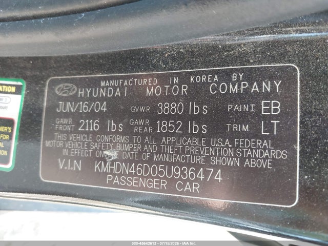 45642613 :رقم المزاد ، KMHDN46D05U936474 vin ، 2005 Hyundai Elantra Gls/gt مزاد بيع