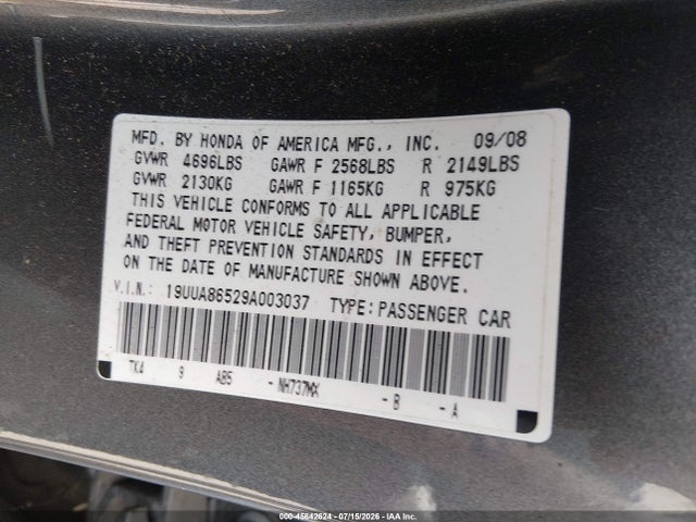 45642624 :رقم المزاد ، 19UUA86529A003037 vin ، 2009 Acura Tl 3.5 مزاد بيع