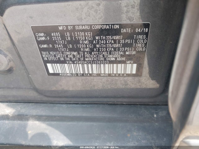 Продаж на аукціоні авто 2018 Subaru Outback 2.5i Premium, vin: 4S4BSACC3J3363323, номер лоту: 45642626