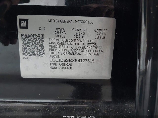 2019 Chevrolet Sonic Lt Auto მანქანა იყიდება აუქციონზე, vin: 1G1JD6SBXK4127515, აუქციონის ნომერი: 45642627