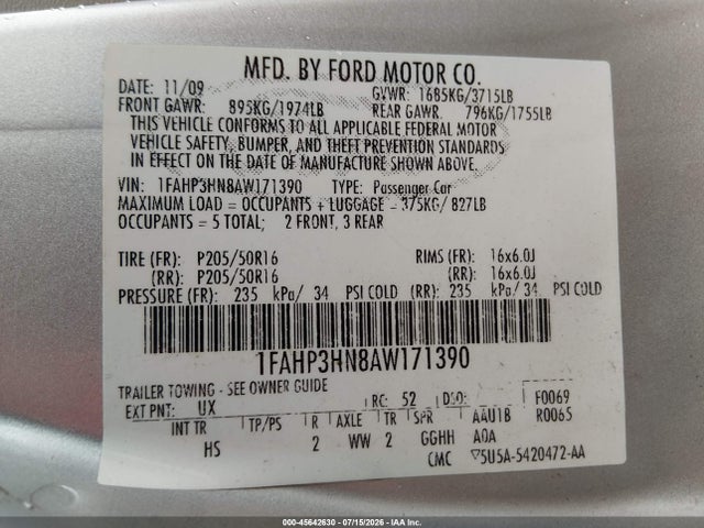 Auction sale of the 2010 Ford Focus Sel, vin: 1FAHP3HN8AW171390, lot number: 45642630