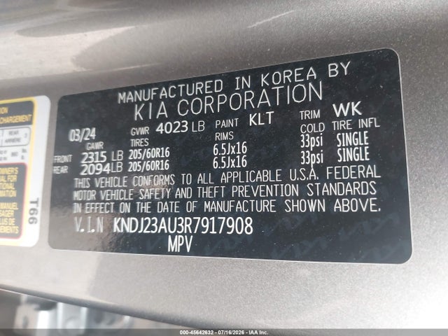 45642632 :رقم المزاد ، KNDJ23AU3R7917908 vin ، 2024 Kia Soul Lx مزاد بيع
