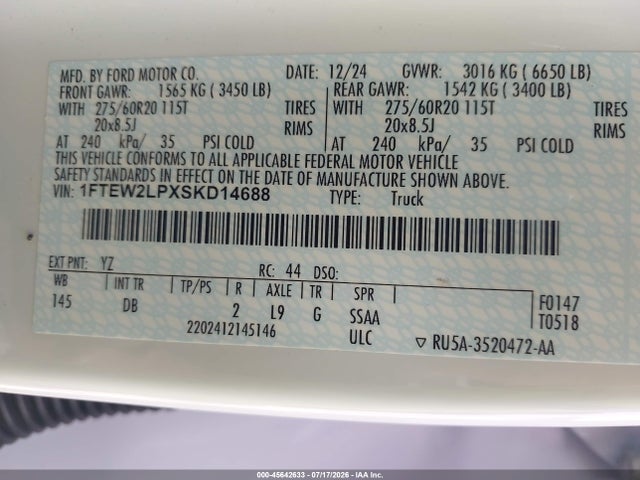 2025 Ford F-150 Stx მანქანა იყიდება აუქციონზე, vin: 1FTEW2LPXSKD14688, აუქციონის ნომერი: 45642633