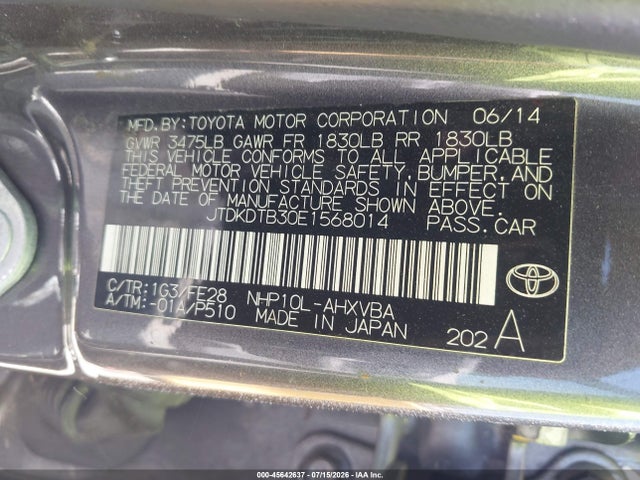 45642637 :رقم المزاد ، JTDKDTB30E1568014 vin ، 2014 Toyota Prius C One مزاد بيع