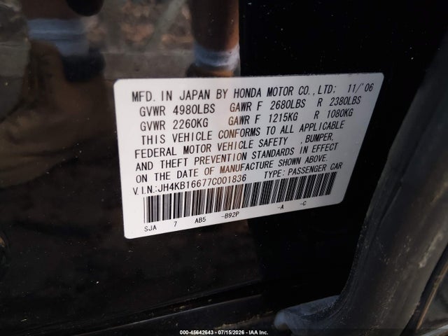45642643 :رقم المزاد ، JH4KB16677C001836 vin ، 2007 Acura Rl 3.5 مزاد بيع
