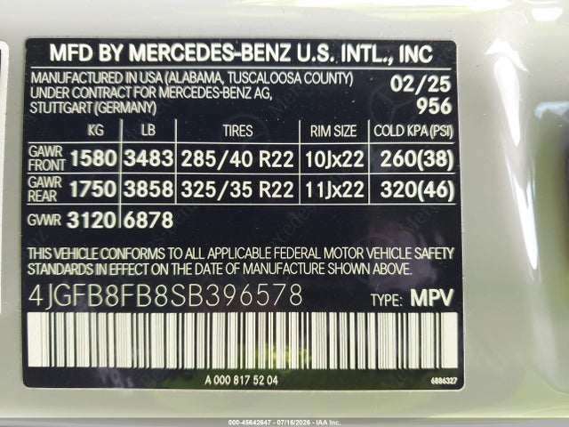 Aukcja sprzedaży 2025 Mercedes-benz Gle 580 4matic, vin: 4JGFB8FB8SB396578, numer aukcji: 45642647