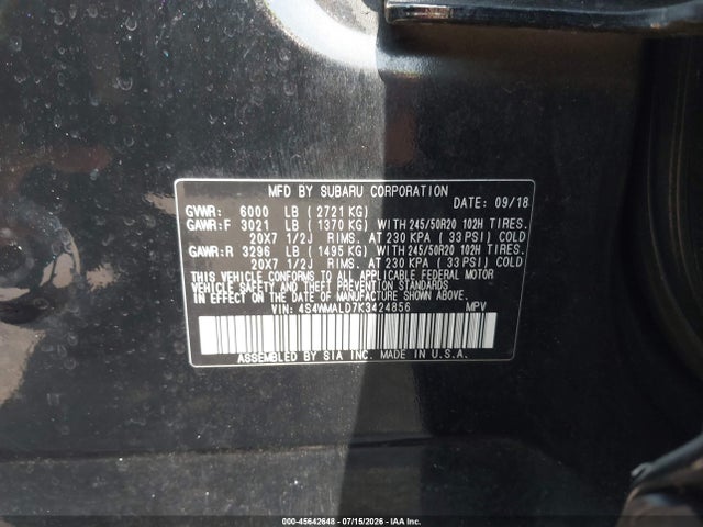 Aukcja sprzedaży 2019 Subaru Ascent Limited, vin: 4S4WMALD7K3424856, numer aukcji: 45642648
