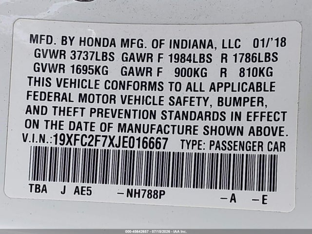 2018 Honda Civic Ex მანქანა იყიდება აუქციონზე, vin: 19XFC2F7XJE016667, აუქციონის ნომერი: 45642657