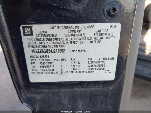 45642664 :رقم المزاد ، 1GKEK63U24J212002 vin ، 2004 Gmc Yukon Denali مزاد بيع