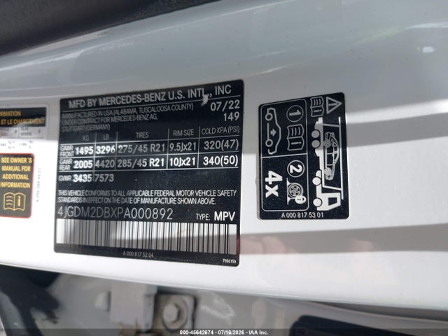 Продажа на аукционе авто 2023 Mercedes-benz Eqs 450+ Suv, vin: 4JGDM2DBXPA000892, номер лота: 45642674