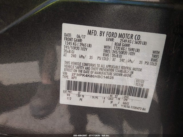 2017 Ford Edge Titanium მანქანა იყიდება აუქციონზე, vin: 2FMPK4K86HBC14628, აუქციონის ნომერი: 45642697
