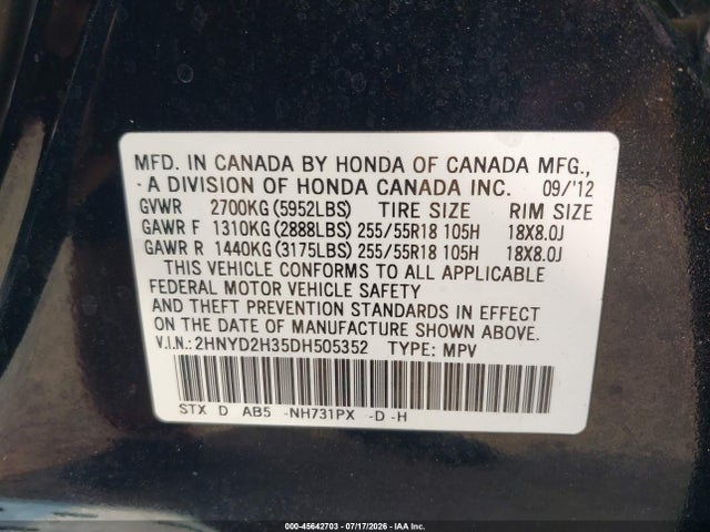 Продажа на аукционе авто 2013 Acura Mdx Technology Package, vin: 2HNYD2H35DH505352, номер лота: 45642703