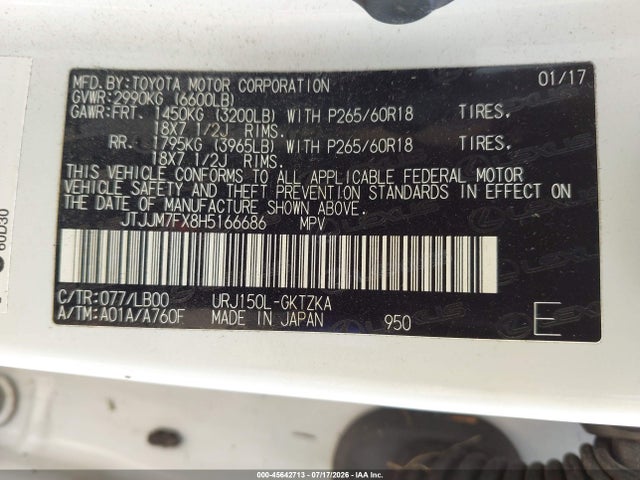 Aukcja sprzedaży 2017 Lexus Gx 460 Luxury, vin: JTJJM7FX8H5166686, numer aukcji: 45642713