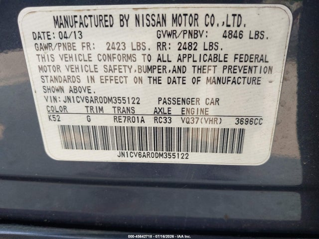 Продажа на аукционе авто 2013 Infiniti G37x, vin: JN1CV6AR0DM355122, номер лота: 45642718