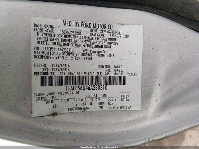 Aukcja sprzedaży 2006 Ford Taurus Sel, vin: 1FAFP56U46A230310, numer aukcji: 45642734