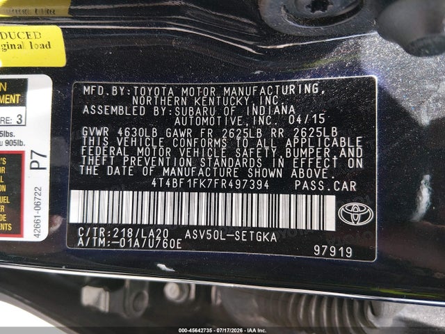 Toyota CAMRY XLE 2015 4T4BF1FK7FR497394 Image 9
