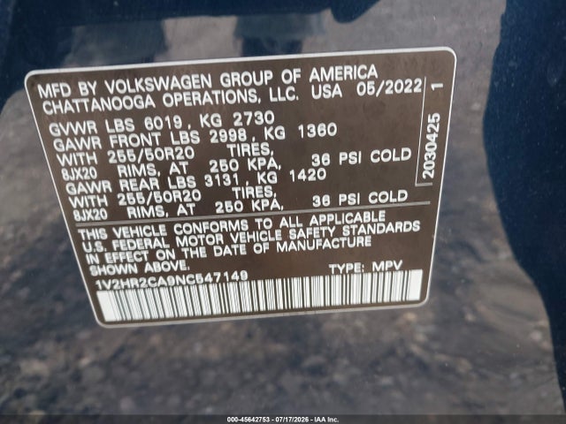 Продаж на аукціоні авто 2022 Volkswagen Atlas 3.6l V6 Se W/technology, vin: 1V2HR2CA9NC547149, номер лоту: 45642753