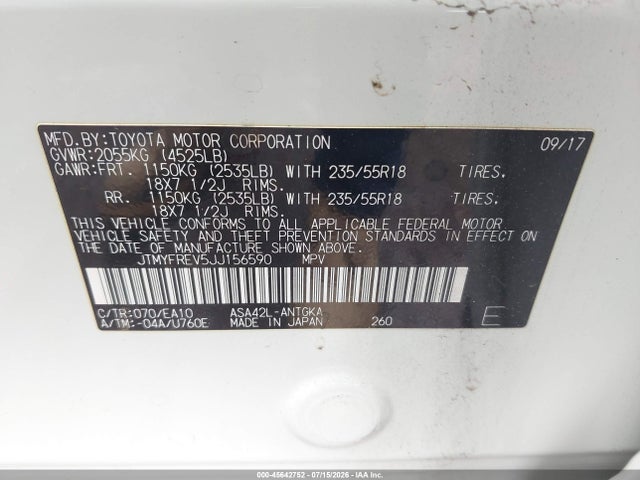 2018 Toyota Rav4 Limited მანქანა იყიდება აუქციონზე, vin: JTMYFREV5JJ156590, აუქციონის ნომერი: 45642752