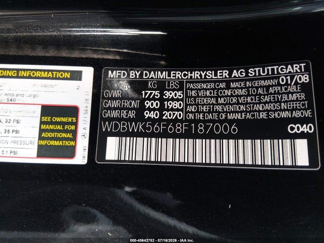 Aukcja sprzedaży 2008 Mercedes-benz Slk 350, vin: WDBWK56F68F187006, numer aukcji: 45642782
