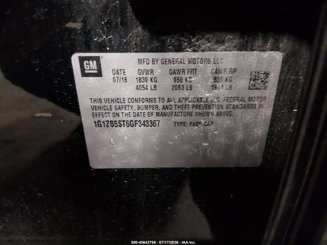 Продаж на аукціоні авто 2016 Chevrolet Malibu Ls, vin: 1G1ZB5ST6GF343367, номер лоту: 45642788