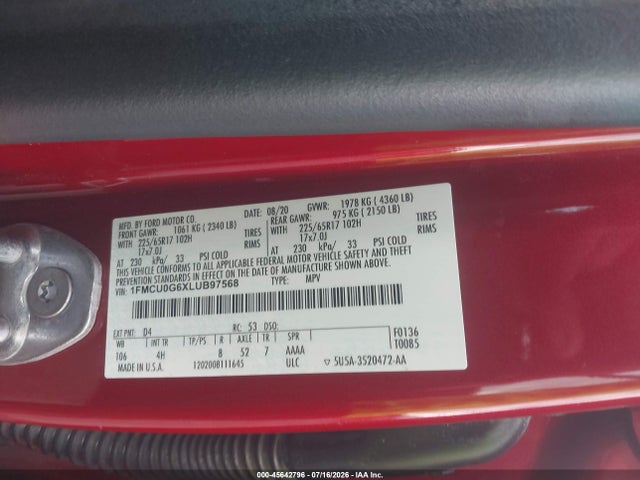 45642796 :رقم المزاد ، 1FMCU0G6XLUB97568 vin ، 2020 Ford Escape Se مزاد بيع