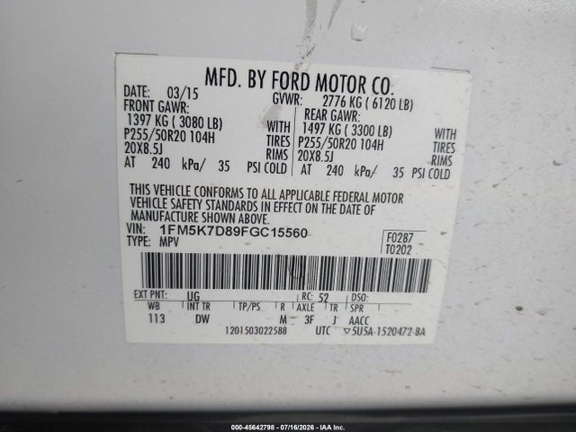 1FM5K7D89FGC15560 Ford EXPLORER XLT