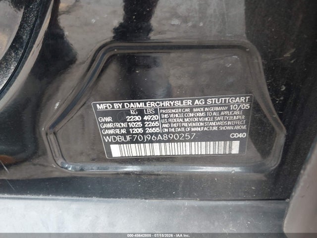 45642805 :رقم المزاد ، WDBUF70J96A890257 vin ، 2006 Mercedes-benz E 500 مزاد بيع
