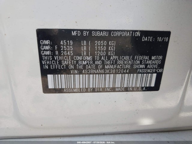 2019 Subaru Legacy 2.5i Limited მანქანა იყიდება აუქციონზე, vin: 4S3BNAN63K3012044, აუქციონის ნომერი: 45642807
