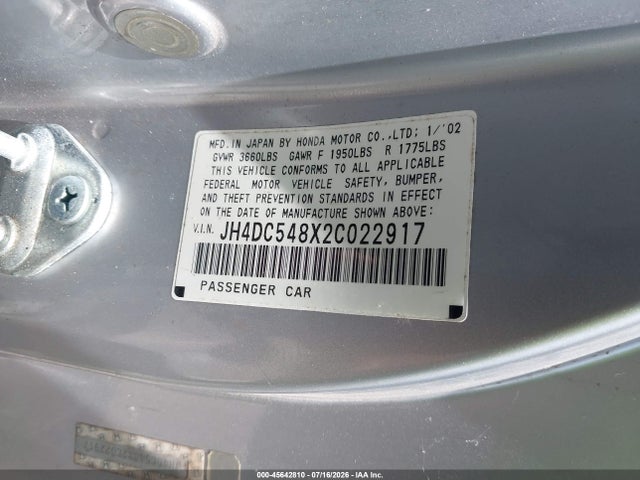 45642810 :رقم المزاد ، JH4DC548X2C022917 vin ، 2002 Acura Rsx مزاد بيع