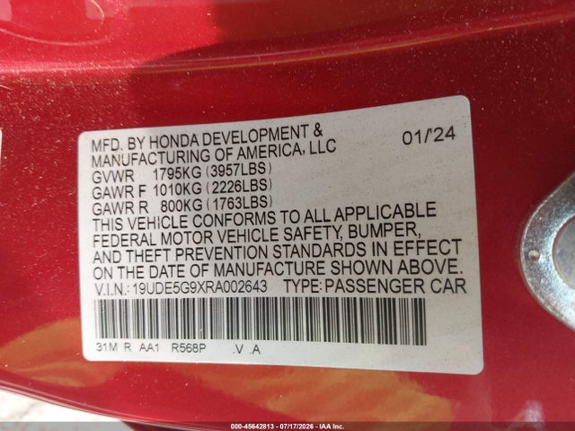 2024 Acura Integra Type S მანქანა იყიდება აუქციონზე, vin: 19UDE5G9XRA002643, აუქციონის ნომერი: 45642813