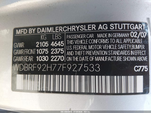 45642816 :رقم المزاد ، WDBRF92H77F927533 vin ، 2007 Mercedes-benz C 280 Luxury 4matic مزاد بيع