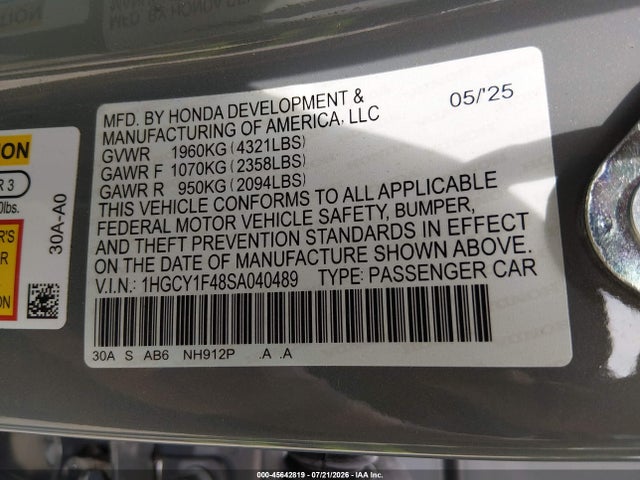 45642819 :رقم المزاد ، 1HGCY1F48SA040489 vin ، 2025 Honda Accord Se مزاد بيع