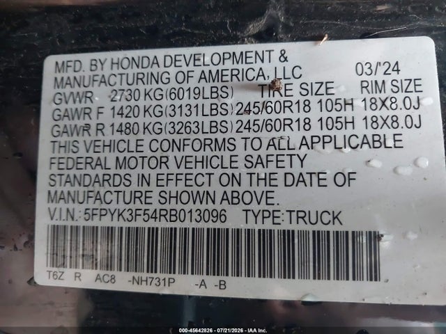 2024 Honda Ridgeline Rtl მანქანა იყიდება აუქციონზე, vin: 5FPYK3F54RB013096, აუქციონის ნომერი: 45642826
