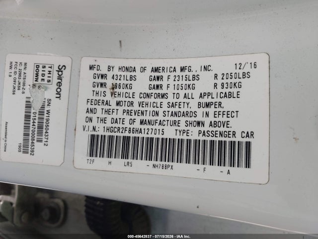 Honda Accord Ex-l 2017 1HGCR2F86HA127015 Image 9
