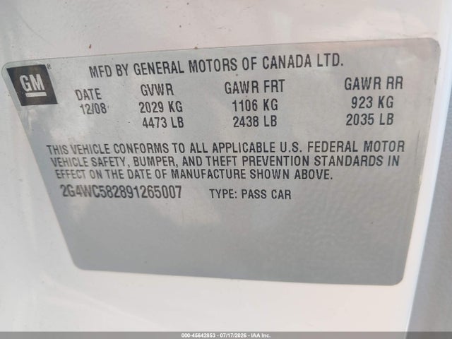2009 Buick Lacrosse Cx მანქანა იყიდება აუქციონზე, vin: 2G4WC582891265007, აუქციონის ნომერი: 45642853