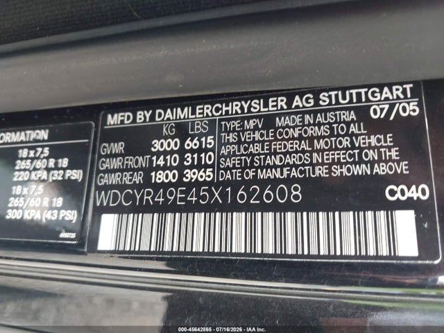 45642865 :رقم المزاد ، WDCYR49E45X162608 vin ، 2005 Mercedes-benz G 500 4matic/grand Edition 4matic مزاد بيع